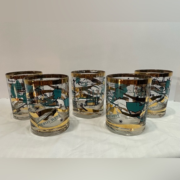 Rare Set of 5 MCM Norma Jean Wright 24k Gold & Turquoise Oil & Gas Bar Glasses - Picture 3 of 15